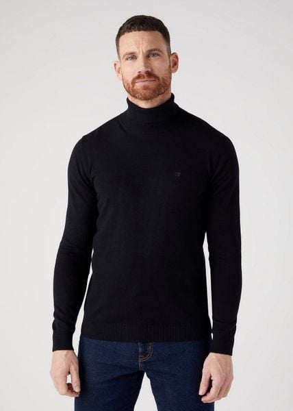 WRANGLER ROLL NECK KNIT MĘSKI SWETER BLACK W8D42P100. Czarne swetry przez głowę męskie Wrangler, m, bez wzorów, z bawełny, bez kołnierzyka. Za 199.99 zł.