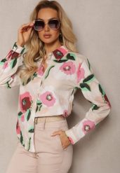 Beżowo-Zielona Koszula z Bawełny z Nadrukiem w Ozdobne Kwiaty Pitrea. Brązowe bluzki damskie Renee, na lato, l, bez wzorów, z bawełny, eleganckie, bez kołnierzyka, bez ramiączek. Za 109.99 zł.