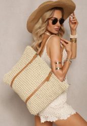 Jasnobeżowa Torebka z Plecionki w Stylu Boho z Ozdobnymi Rączkami Iltanin. Brązowe torebki do ręki damskie Renee, bez wzorów, boho, bez dodatków. Za 99.99 zł.