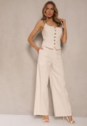 Beżowy Elegancki Komplet Top z Guzikami i Szerokie Spodnie z Wiskozy i Bawełny Divianne. Brązowe spodnie materiałowe damskie Renee, m, bez wzorów, z bawełny. Za 159.99 zł.