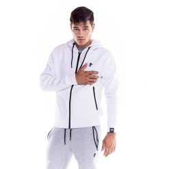 Męska, miękka bluza z kapturem i zamkiem błyskawicznym z ikoną lwa. Białe buty sportowe męskie LEONE 1947 APPAREL, z tkaniny, bez zapięcia, na fitness i siłownię. W wyprzedaży za 195.65 zł.