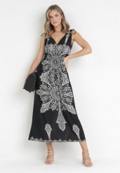 Czarna Sukienka w Stylu Boho z Gumką w Talii i Sznurkami przy Ramionach Niree. Czarne sukienki damskie Born2be, na imprezę, l, bez wzorów, boho, bez kołnierzyka, bez ramiączek, maxi. Za 64.99 zł.