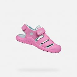Sandały GEOX J S FUSBETTO PRO Rose. Czerwone sandały damskie Geox, bez wzorów, z syntetyku, bez obcasa, bez zapięcia. Za 251.99 zł.
