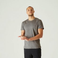 Koszulka z krótkim rękawem męska Domyos Gym & Pilates 100 Sportee. Szare buty sportowe męskie DOMYOS, m, bez wzorów, z bawełny, bez kołnierzyka, bez ramiączek, na jogę i pilates. Za 19.99 zł.