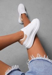 Biało-Beżowe Sneakersy na Niskiej Platformie w Klasycznym Stylu Lucid Dream. Białe obuwie sportowe damskie Renee, bez wzorów, z jeansu. Za 64.99 zł.