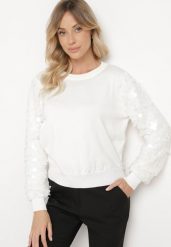 Biały Sweter z Wiskozą o Klasycznym Kroju z Cekinowymi Rękawami Evandreth. Białe swetry damskie Born2be, bez wzorów, z jeansu, eleganckie, bez kołnierzyka, bez ramiączek, bez kaptura. Za 119.99 zł.