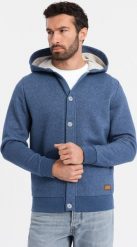 Bluza męska dresowa z kapturem zapinana na guziki granatowy melanż V1 OM-SSZP-0186 S. Niebieskie bluzy męskie Ombre, m, bez wzorów, z dresówki, z kapturem. Za 302.57 zł.