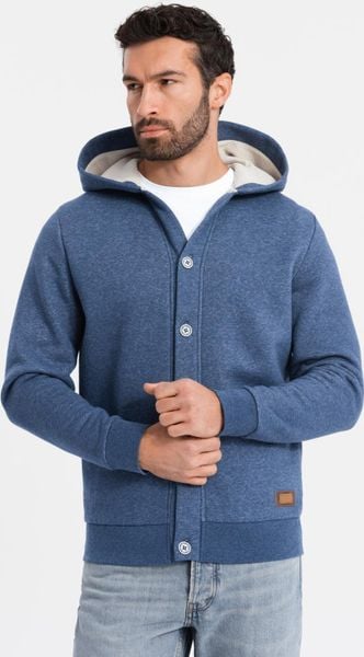 Bluza męska dresowa z kapturem zapinana na guziki granatowy melanż V1 OM-SSZP-0186 S. Niebieskie bluzy męskie Ombre, m, bez wzorów, z dresówki, z kapturem. Za 302.57 zł.