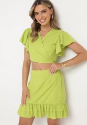 Zielony 2-Częściowy Komplet Top Wiązany pod Biustem Spódnica z Gumką w Talii z Falbankami Agustins. Zielone spódnice damskie Born2be, l, bez wzorów, z materiału. Za 69.99 zł.