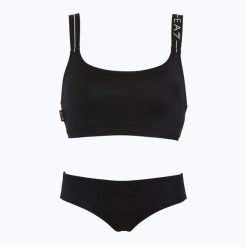 Strój kapielowy dwuczęściowy damski EA7 Emporio Armani Logo Tape Bikini Top. Czarne bikini damskie EA7 Emporio Armani, l, bez wzorów, z elastanu, bez kołnierzyka, bez ramiączek. Za 266.99 zł.