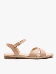 Beżowe sandały ze skóry licowej. Brązowe sandały damskie Ryłko, bez wzorów, ze skóry, bez obcasa, na obcasie, bez zapięcia. Za 299.99 zł.