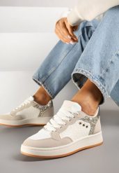 Beżowe Streetwearowe Sneakersy Zdobione Przeszyciami Neonisea. Brązowe obuwie sportowe damskie Renee, z aplikacjami, z jeansu. Za 79.99 zł.