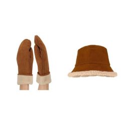 Rękawiczki damskie i kapelusz typu bucket zamsz koniak rozmiar uniwersalny. Brązowe czapki i kapelusze damskie Sarlini, na jesień, bez wzorów, z materiału, eleganckie. Za 197.80 zł.
