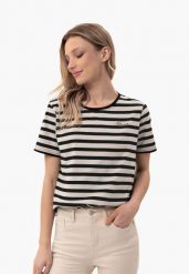 Koszulka w paski T-FREE. Brązowe t-shirty damskie Volcano, m, bez wzorów, z materiału, klasyczne, bez kołnierzyka. Za 69.99 zł.