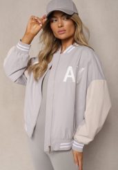 Szara Kurtka Oversize o Fasonie Bomberki na Suwak z Ozdobnym Napisem Irithre. Szare kurtki damskie Renee, l, bez wzorów, z jeansu, bez kaptura. Za 129.99 zł.