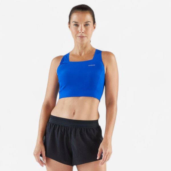 Koszulka do biegania bez rękawów damska Kiprun 900 Light crop top. Niebieskie koszulki sportowe damskie KIPRUN, m, bez wzorów, z elastanu, bez kołnierzyka, bez ramiączek, do biegania. Za 129.99 zł.