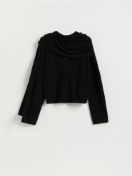 Kardigan z szalem z wełną - czarny. Czarne kardigany damskie Reserved, l, bez wzorów, z dzianiny. Za 199.99 zł.