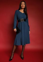 Granatowa Sukienka o Rozkloszowanym Kroju z Trójkątnym Dekoltem Temivara. Niebieskie sukienki damskie Renee, na co dzień, l, bez wzorów, z jeansu, eleganckie, bez kołnierzyka, bez ramiączek, midi, proste. Za 99.99 zł.