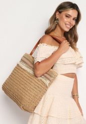 Brązowa Torebka Shopperka Wykończona Plecionką i Frędzlami w Stylu Boho Rivaniane. Brązowe torebki do ręki damskie Born2be, bez wzorów, z jeansu, biznesowe, bez dodatków. Za 64.99 zł.