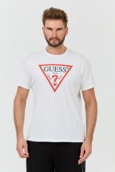 GUESS Biały t-shirt z dużym logo Clsc Tri Logo. Białe t-shirty męskie Guess, l, z aplikacjami, bez kołnierzyka. W wyprzedaży za 99.99 zł.