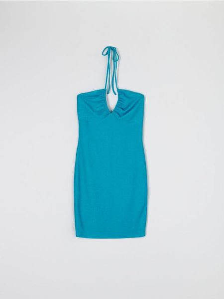 Sukienka mini z wiązaniem - niebieski. Niebieskie sukienki damskie Sinsay, l, bez wzorów, bez kołnierzyka, bez ramiączek, mini. Za 49.99 zł.