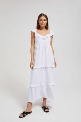 Sukienka maxi biała. Białe sukienki damskie MOODO, l, bez wzorów, z poliesteru, bez kołnierzyka, bez ramiączek, maxi. W wyprzedaży za 31.99 zł.