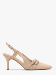 Czółenka slingback z dekoracyjnymi paskami. Brązowe czółenka damskie Ryłko, bez wzorów, z gumy, bez obcasa, na szpilce, bez zapięcia. Za 429.99 zł.