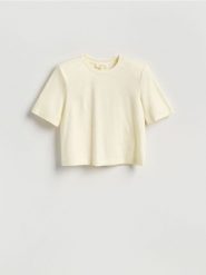 T-shirt boxy z domieszką jedwabiu - złamana biel. T-shirty damskie Reserved, l, bez wzorów, z bawełny, bez kołnierzyka. Za 99.99 zł.