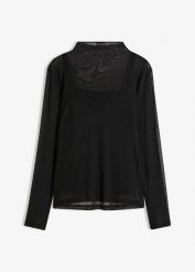 Shirt z długim rękawem i wstawką z siatkowego materiału. Czarne bluzki damskie bonprix, bez wzorów, bez kołnierzyka, bez ramiączek. Za 67.99 zł.