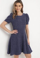 Granatowa Sukienka Mini Rozkloszowana z Bufkami na Ramionach Oanne. Niebieskie sukienki dla dziewczynek Born2be, na lato, bez wzorów, bez ramiączek. Za 129.99 zł.