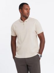 Koszulka męska polo z kołnierzykiem zapinanym na zamek – kremowa V3 - Rozmiar: S. Białe koszulki polo męskie Ombre Clothing, m, z aplikacjami, z bawełny, eleganckie, bez ramiączek. W wyprzedaży za 49.99 zł.
