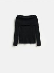 Sweter z wykładanym kołnierzem - czarny. Czarne swetry damskie Reserved, l, bez wzorów, z dzianiny, bez kołnierzyka, bez ramiączek, bez kaptura. Za 109.99 zł.