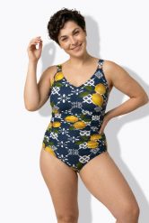 Damskie Strój kąpielowy cytryny miękkie miseczki koraliki z recyklingu. Niebieskie kostiumy jednoczęściowe damskie Ulla Popken, plus size, bez wzorów, z elastanu, plus size, do pływania. Za 191.99 zł.