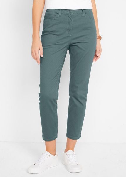 Spodnie 7/8, high waist. Białe spodnie materiałowe damskie bonprix, bez wzorów, z podwyższonym stanem. Za 109.99 zł.