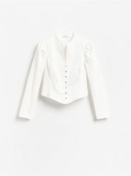 Bluzka z bufiastymi rękawami - złamana biel. Bluzki damskie Reserved, l, bez wzorów, z bawełny, bez kołnierzyka, bez ramiączek. Za 139.99 zł.