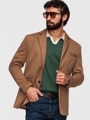 Dzianinowa męska marynarka o dopasowany kroju SLIM FIT - jasnobrązowa V4 - Rozmiar: M. Brązowe marynarki męskie Ombre Clothing, bez wzorów, z bawełny, biznesowe. Za 379.99 zł.