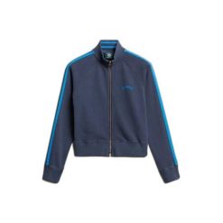 Kurtka dresowa z logo dla kobiet Superdry Essential. Niebieskie bluzy sportowe damskie Superdry., bez wzorów, z dresówki, bez kaptura. Za 327.70 zł.