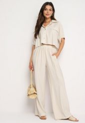 Beżowy Wiskozowy Komplet 2-Częściowy Luźna Koszula Spodnie z Szerokimi Nogawkami Ulvitela. Brązowe koszule damskie Born2be, bez wzorów, z wiskozy. Za 129.99 zł.