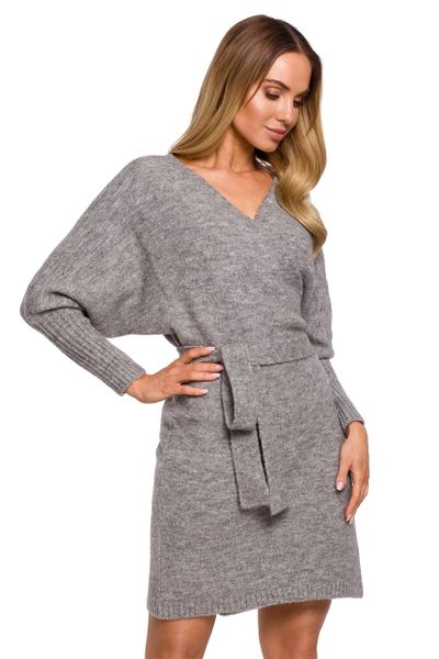 Swetrowa Mini Sukienka z Kopertowym Dekoltem - Szara. Szare sukienki damskie MOE, l, bez wzorów, z dzianiny, bez kołnierzyka, bez ramiączek, mini, kopertowe. Za 318.90 zł.