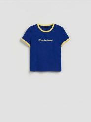 T-shirt z nadrukiem - granatowy. Niebieskie t-shirty damskie Reserved, l, bez wzorów, z bawełny, bez kołnierzyka. Za 39.99 zł.