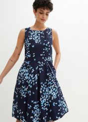 Sukienka z kontrafałdami i kieszeniami. Niebieskie sukienki damskie bonprix, bez wzorów, eleganckie, bez kołnierzyka, bez ramiączek. Za 199.99 zł.