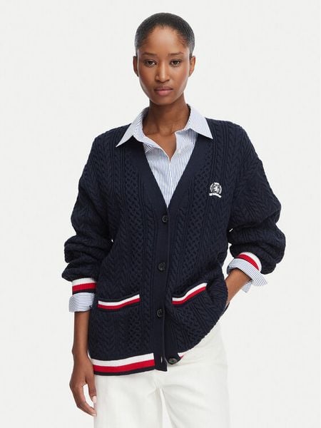 Tommy Jeans Kardigan DW0DW22934 Granatowy Regular Fit. Niebieskie kardigany damskie Tommy Jeans, s, bez wzorów, z bawełny, bez kołnierzyka, bez ramiączek, bez kaptura. Za 569.99 zł.