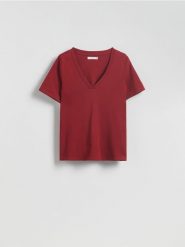T-shirt regular z dekoltem V - czerwony. Czerwone t-shirty damskie Reserved, l, bez wzorów, z bawełny, bez kołnierzyka. Za 35.99 zł.