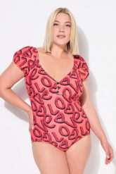 Damski Strój kąpielowy wzór z motywem Love miękkie miseczki bufiaste rękawy. Brązowe kostiumy jednoczęściowe damskie Ulla Popken, plus size, bez wzorów, z elastanu, plus size, do pływania. Za 279.99 zł.