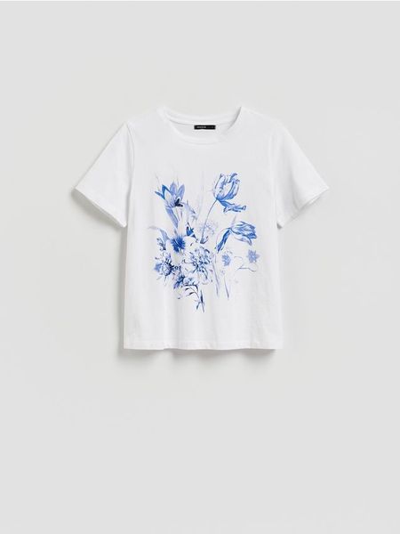 Bawełniany t-shirt - biały. Białe t-shirty damskie Reserved, l, bez wzorów, z bawełny, bez kołnierzyka. Za 39.99 zł.