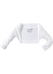 Bolerko z dżerseju, z miękkiej wiskozy. Białe swetry dla dziewczynek bonprix, bez wzorów, z dżerseju, bez kołnierzyka, bez ramiączek, bez kaptura. Za 49.99 zł.