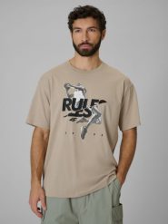 4F T-shirt loose z nadrukiem męski - beżowy M. Brązowe t-shirty męskie 4f, m, bez wzorów, z bawełny, bez kołnierzyka. Za 69.99 zł.