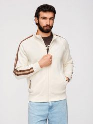 Męska bluza dresowa z wysokim kołnierzem i lampasami – kremowa V3 - Rozmiar: S. Białe bluzy męskie Ombre Clothing, m, z aplikacjami, z bawełny, bez kaptura, trekkingowe. Za 209.99 zł.
