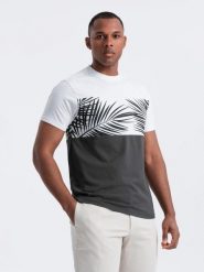 Męski t-shirt dwukolorowy z nadrukiem w liście palmy - grafitowy V2 - Rozmiar: S. Szare t-shirty męskie Ombre Clothing, na lato, m, bez wzorów, z bawełny, wakacyjne, bez kołnierzyka. W wyprzedaży za 38.50 zł.