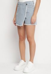 Jasnoniebieskie Jeansowe Spódnico-Spodenki Jeansowe z Bawełny z Wysokim Stanem Neliatha. Niebieskie szorty damskie Born2be, l, bez wzorów, z bawełny, eleganckie, z podwyższonym stanem. Za 99.99 zł.